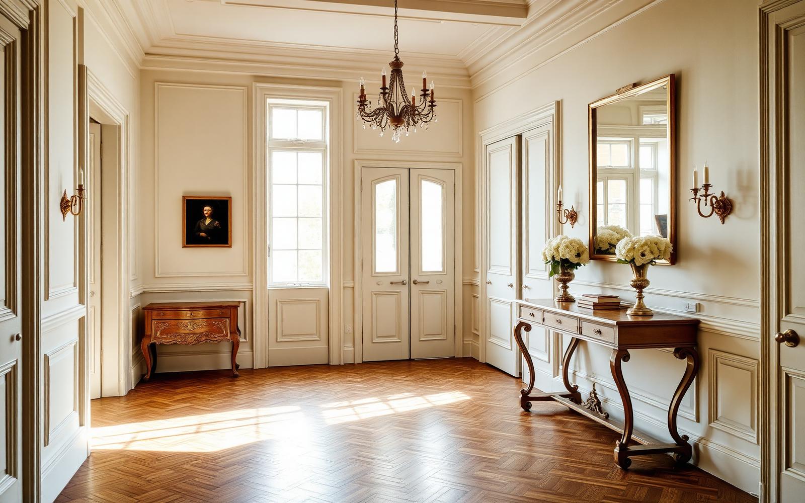 Le hall de Maison Perla, parquet ancien et fleurs blanches